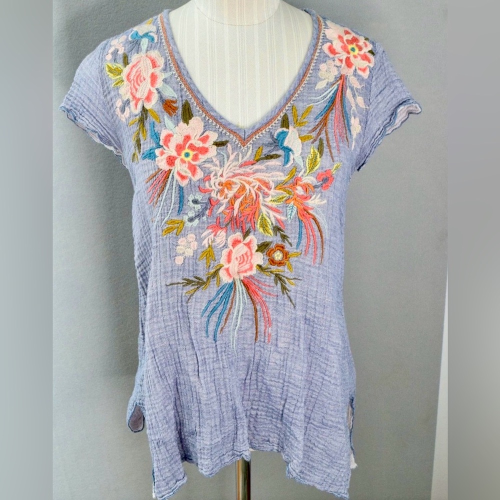 Johnny Was Lavender Floral Embroidered Top